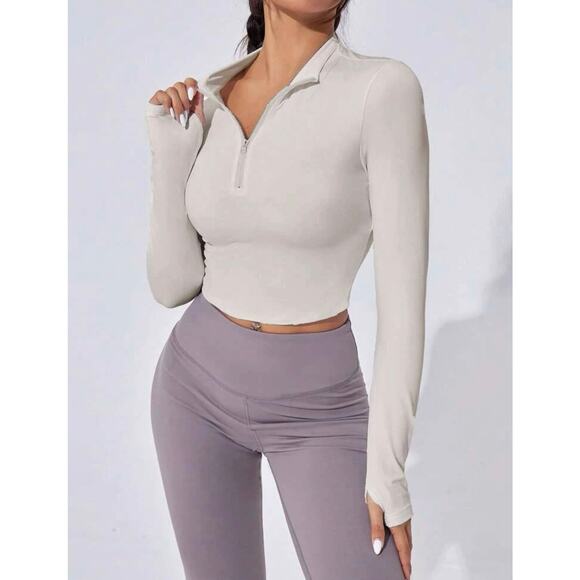 YOGA HALF ZIP CROPPED LONG SLEEVE-W THUMB HOLE-SUPER SOFT! BNWOT - Picture 1 of 7